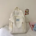 Mochila de algodón y lino a cuadros crema con múltiples bolsillos para viaje diario - Blanco Roto