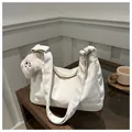 Minimalist beige oversized tote bag with a cute plush puppy pendant charm - With Pendant / White