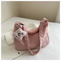 Large capacity soft pale pink tote bag with adjustable strap and cute plush charm - With Pendant / Pink
