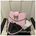 Pink minimalist PU leather shoulder bag with silver bow accent and metal chain strap - Pink
