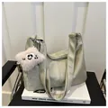Large sage green tote bag in soft synthetic leather with a cute plush smile pendant - With Pendant / Green