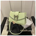 Minimalist light green square crossbody bag with silver bow buckle and chain detail - Light Green