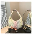 Detail of frayed edge denim canvas bag with colorful star pattern and macaron stitching - Beige Floral Lace Style