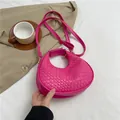 Chic rose pink woven hobo moon bag for women with golden hardware and adjustable strap - Rose Red