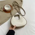 White woven crescent bag with khaki straps and gold hardware for women summer fashion - White/Khaki Marble