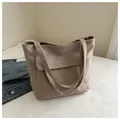 Détail du sac cabas en toile kaki minimaliste avec poche avant et bouton pression argenté - Kaki