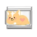 Italiaanse armband charm met schattige emaille corgi en roze hart op gepolijst staal - Corgi Stijl (HA-341)