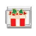 Italian charm bracelet link with red and green Christmas gift box design in stainless steel - Gift
