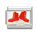 Italian charm bracelet link featuring red enamel ice skates with gold accents - Roller Skate