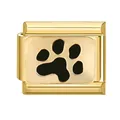Italian charm link with black enamel animal paw print on a gold stainless steel base - Gold Base Paw Print