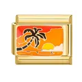 Italian style gold charm link with enamel tropical sunset and coconut tree scenery - Gold Base Sunset