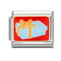 Italian charm link with red enamel and blue gift box pattern for modular bracelets - Blue Gift Box