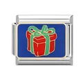 Italian modular charm with blue enamel background and a red gift box pattern - Blue Base Red Gift