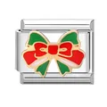 Italian charm bracelet link with red and green enamel bow in polished stainless steel - Bow