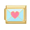 Italian style gold link charm with a light blue envelope and a pink heart design - Gold Base Envelope