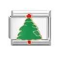 Italian charm bracelet link featuring a green Christmas tree on stainless steel - Christmas Tree