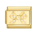 Italian style gold charm featuring a 3D rectangular bow with white polka dots - Gold Base Bowknot