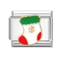 Italian charm link with Christmas stocking design in red and green enamel and stainless steel - Red Green Sock