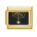 Italian charm link with gold spider and cobweb design on black enamel background - Gold Base Spider Web