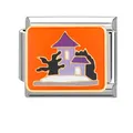 Italian charm bracelet link with orange Halloween haunted house motif in stainless steel - Haunted House Style