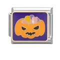 Italian charm bracelet link with purple enamel and orange Halloween pumpkin design - Pumpkin Lantern Style