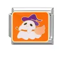 Italian charm link featuring Halloween ghost with purple wizard hat on orange background - Broom Ghost Style