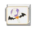 Italian charm link with Halloween lollipop, bat wings and orange heart on stainless steel - Bat Candy Style