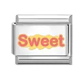 Italian charm link featuring a yellow enamel background with pink Sweet text for bracelets - Sweet Letter