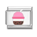 Italian modular charm link featuring a cute boba tea enamel pattern in stainless steel - Pearl Milk Tea