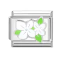 Italian charm stainless steel link with white flowers and green leaves enamel design - White Flower Heart