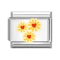 Charm modulare italiano con tre margherite gialle e cuori rossi in acciaio inossidabile - Girasole
