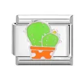 Italian modular stainless steel charm link featuring a green cactus in a colorful pot - Cactus
