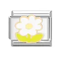 Italian charm link with white flower and gold trim for modular stainless steel bracelet - White Flower
