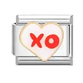 Italian charm stainless steel link featuring white enamel heart and red XO pattern - XO Pattern