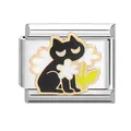 Italian modular charm in stainless steel featuring a black cat and white flower design - Black Cat