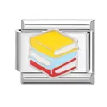 Italian charm link featuring a stack of yellow, blue and red books in stainless steel - Book
