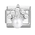 Italian charm bracelet link in silver finish with large pearl and sparkling zircon stones - Pearl Crown
