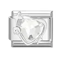 Italian charm link in polished stainless steel with heart crystal and star detail - White Heart Variant