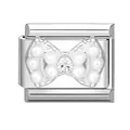 Italian style stainless steel charm link with silver bow, pearl, and rhinestone - Pearl Bowknot