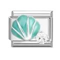 Modular stainless steel bracelet charm link with mint green enamel shell and zircon - Teal Shell