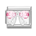 Silver stainless steel modular charm with pink crystal bow tie design for DIY bracelets - Pink Bow