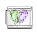 Italian charm link with green and purple crystals in heart shape on stainless steel - Green Purple Crystal