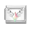 Silver stainless steel charm with white crystals and AB color stone in V-shape - V-shape