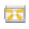 Modular bracelet link with yellow enamel bow and central pearl on stainless steel base - Yellow Bow