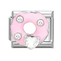 Italian charm link with pink enamel donut and heart zircon in stainless steel - Pink Donut
