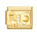 Italienisches Charm-Glied mit goldener Schleife und drei vertikalen weißen Perlen - Schleife