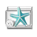 Italian charm link in polished stainless steel with light blue enamel starfish and crystal - Starfish With Crystal