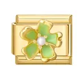 Goldenes Armband-Modulglied mit grüner Blume und weißer Perle aus Edelstahl - Grün Geblümt
