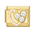 Goldenes modulares italienisches Armbandglied mit Perlenherz und Kristallsteinen - Perlenherz Mit Weißem Strass