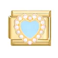 Modular gold charm link featuring a heart shaped blue enamel center and pearl border - Blue Heart